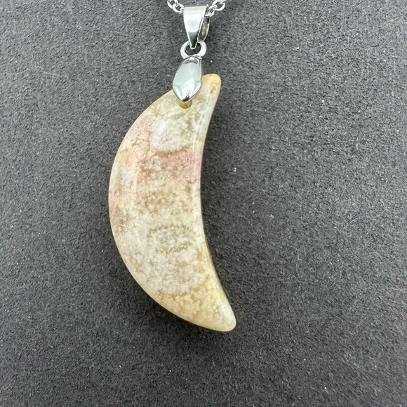 Coral Fossil Jade Crescent Moon Pendant Necklace on Silver Chain - Picture 4 of 6
